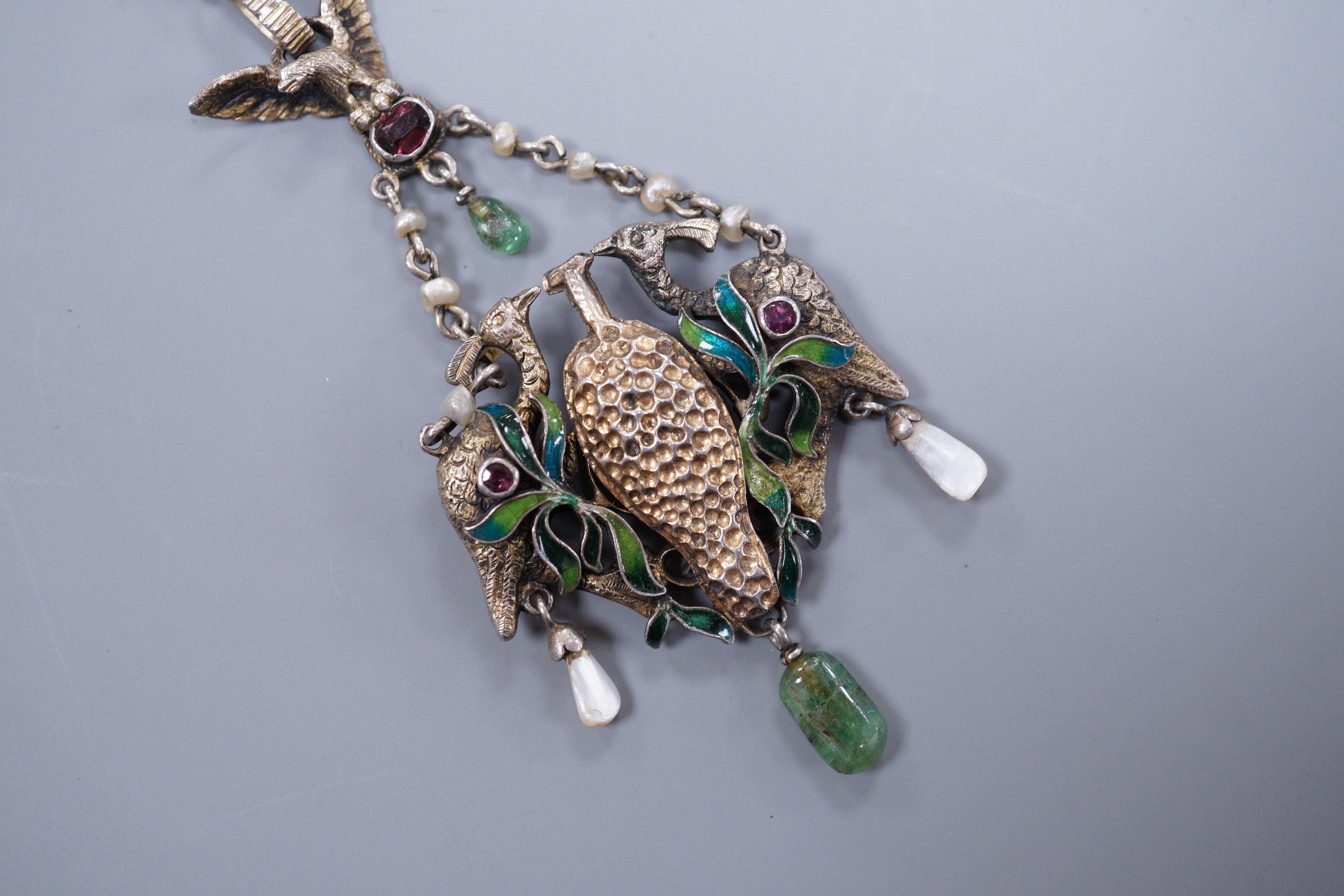 An Austro-Hungarian style enamelled and gem set white metal pendant, 8.5cm, on later chain